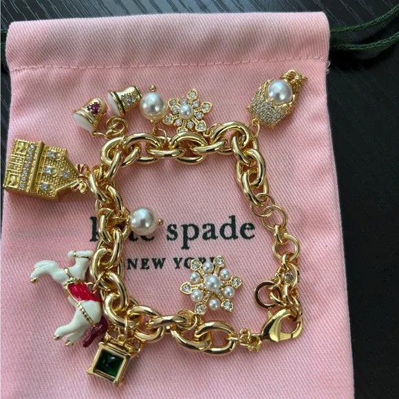 NWOT Kate Spade Gold Tone Charm Bracelet with Pearl & Enamel Accents - Picture 2 of 8